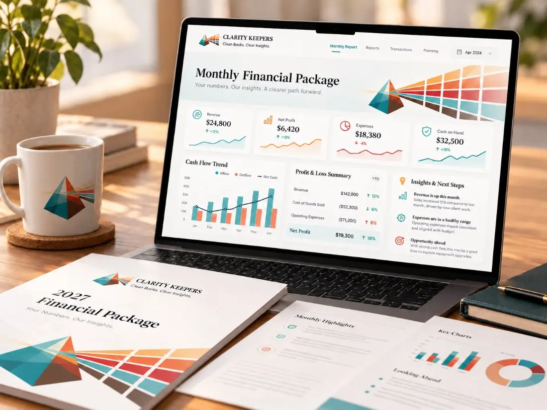 A sample monthly financial package shown on a laptop and in print, with revenue, cash flow, profit and loss, and written insights.