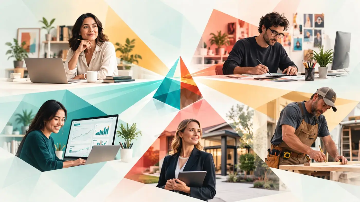 Small-business owners at work: a consultant, a designer, an online business owner, a real estate professional, and a contractor.